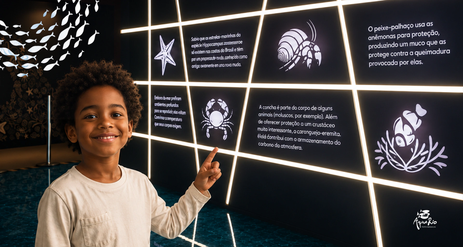 Child in front of an illuminated AquaRio educational installation with illustrations of marine species.