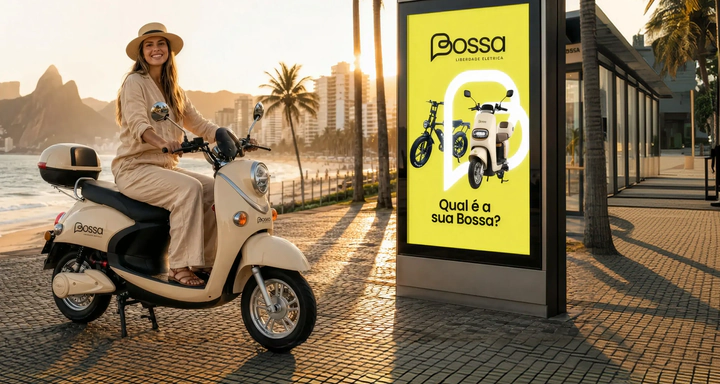 Campanha da Bossa Elétrica com scooter na orla do Rio.