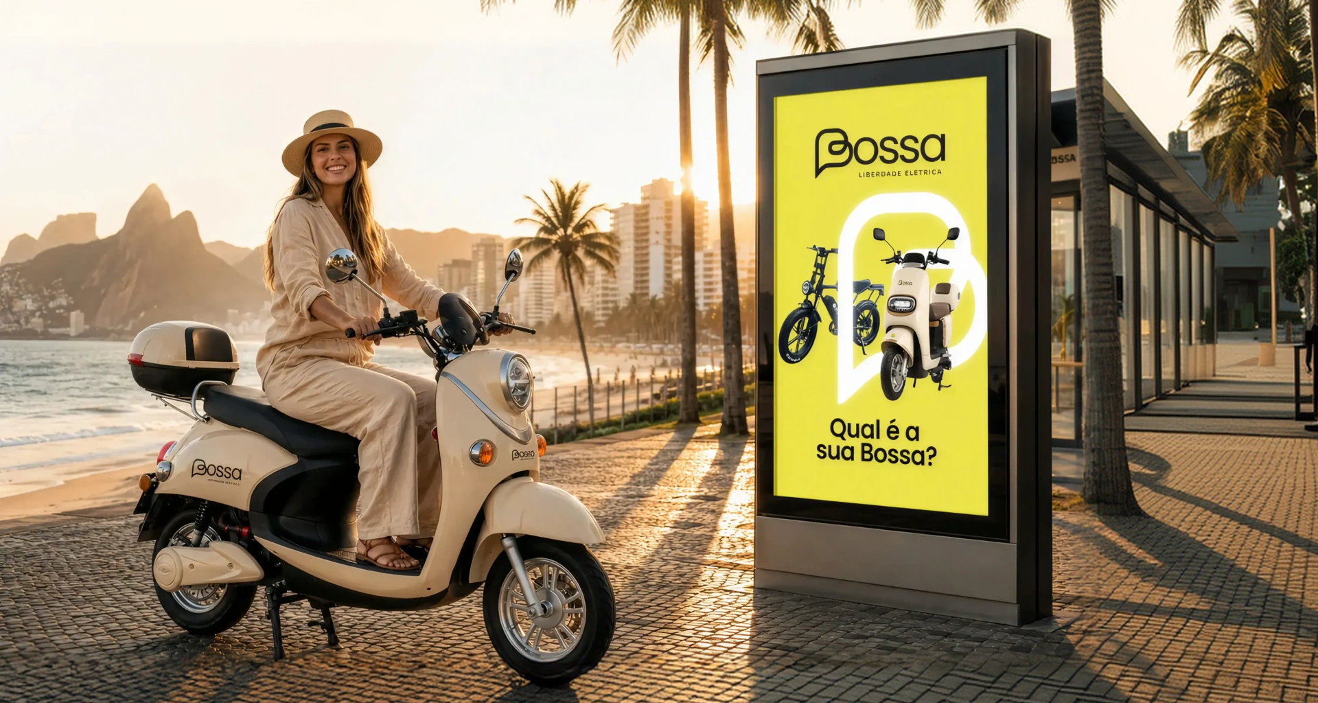 Bossa Elétrica campaign on Rio’s waterfront, featuring a scooter and an outdoor display.