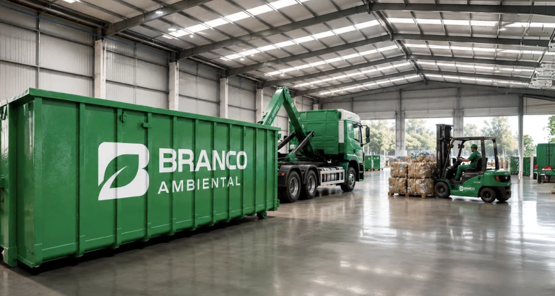 Branco Ambiental operation inside an industrial facility, with branded container, truck and forklift.