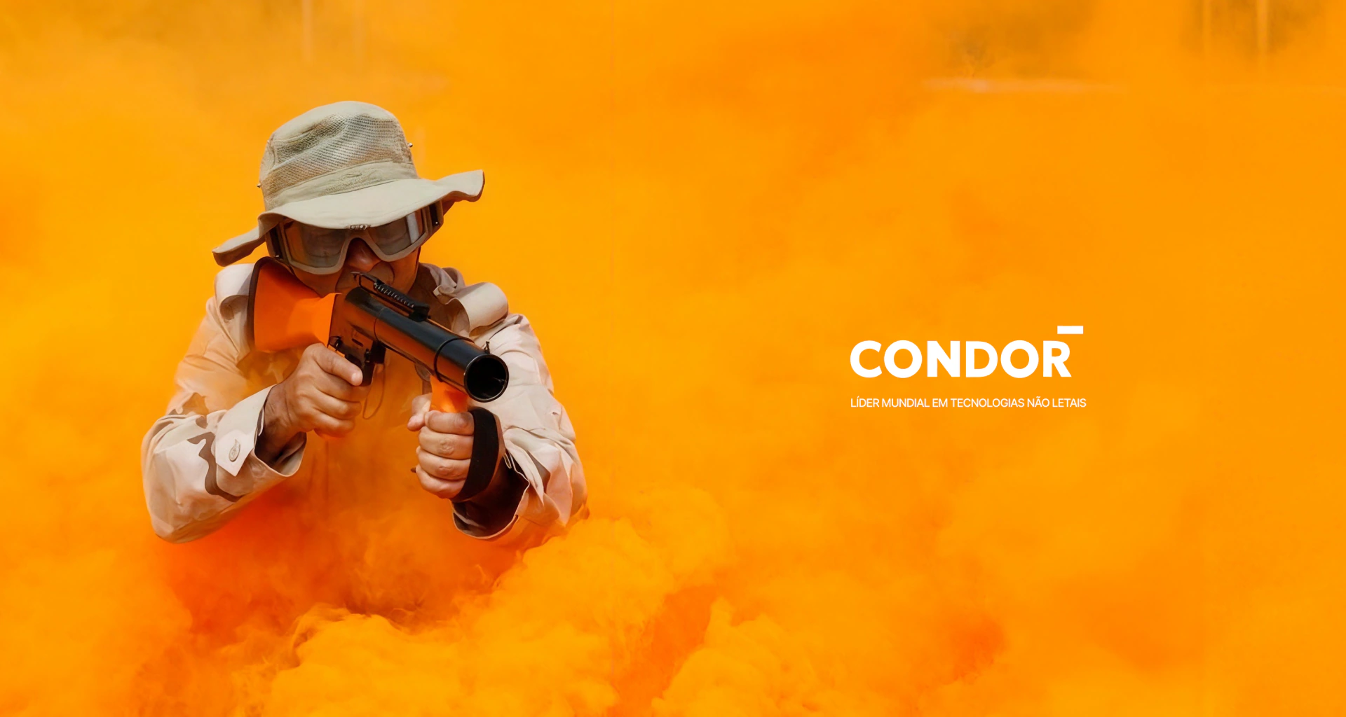 Condor campaign visual featuring an agent amid orange smoke and the brand signature.