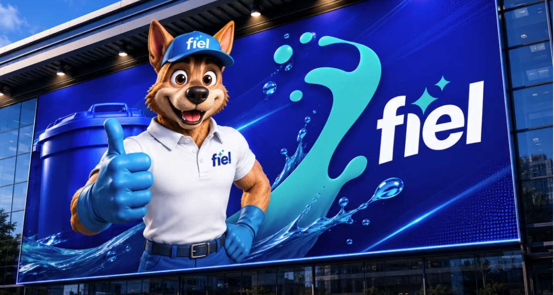 Fiel mascot on a blue communication panel with visual elements related to cleaning.