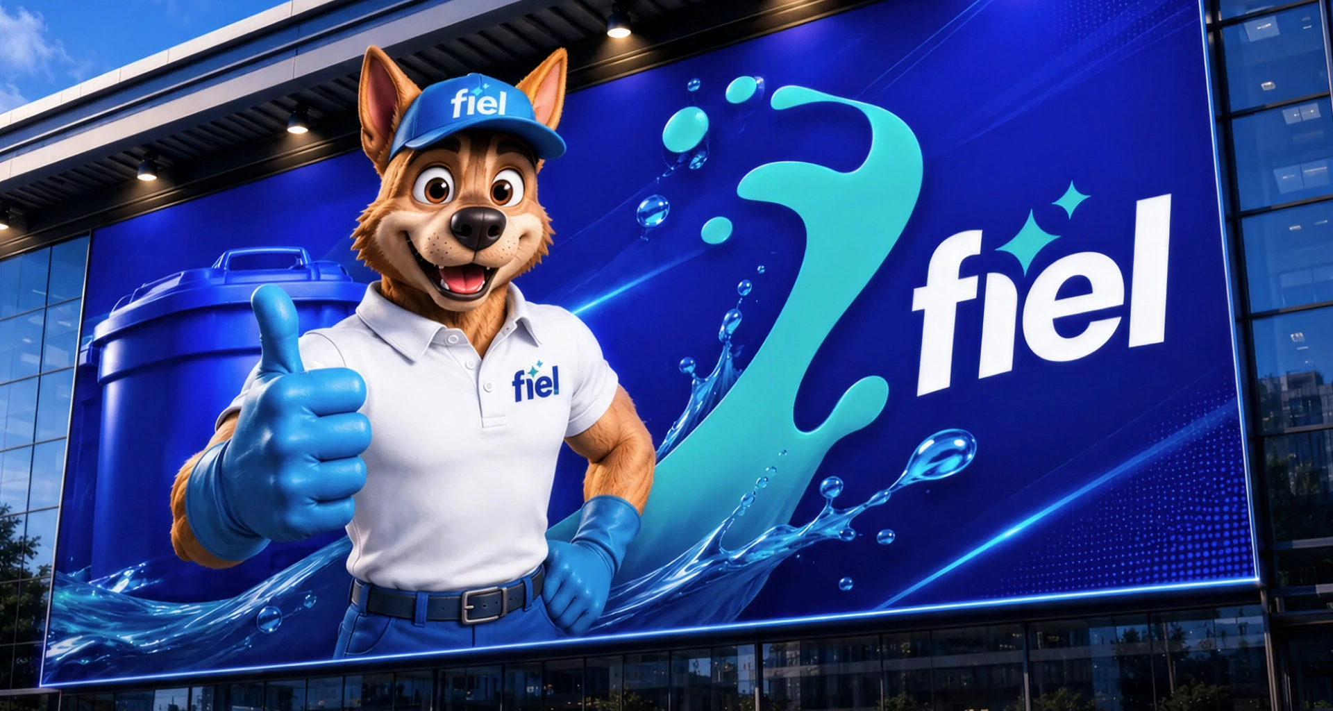 Mascote da Fiel em painel de comunicação azul com elementos visuais ligados à limpeza.