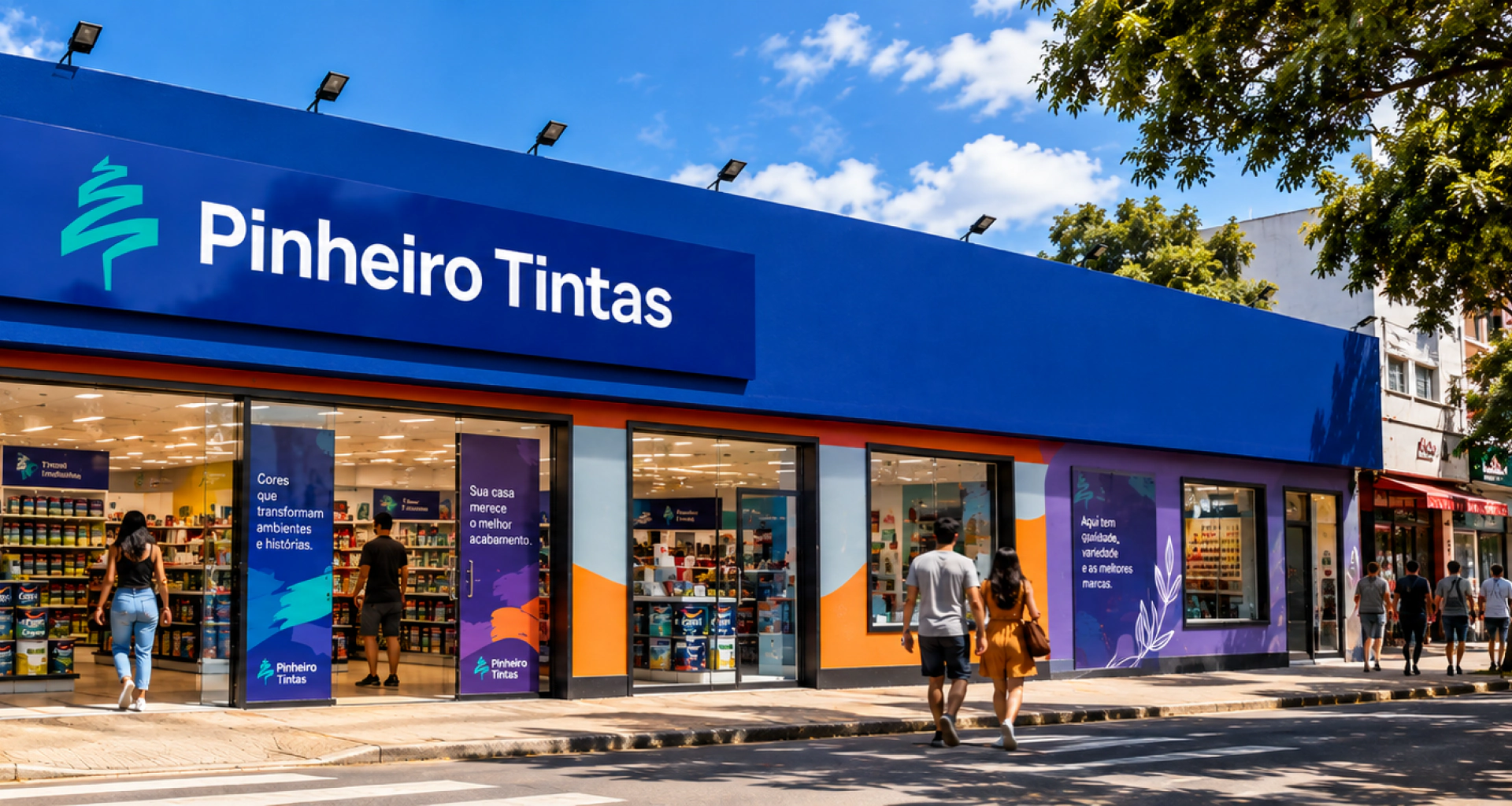 Nova identidade da Pinheiro Tintas aplicada à fachada e à sinalização da loja.