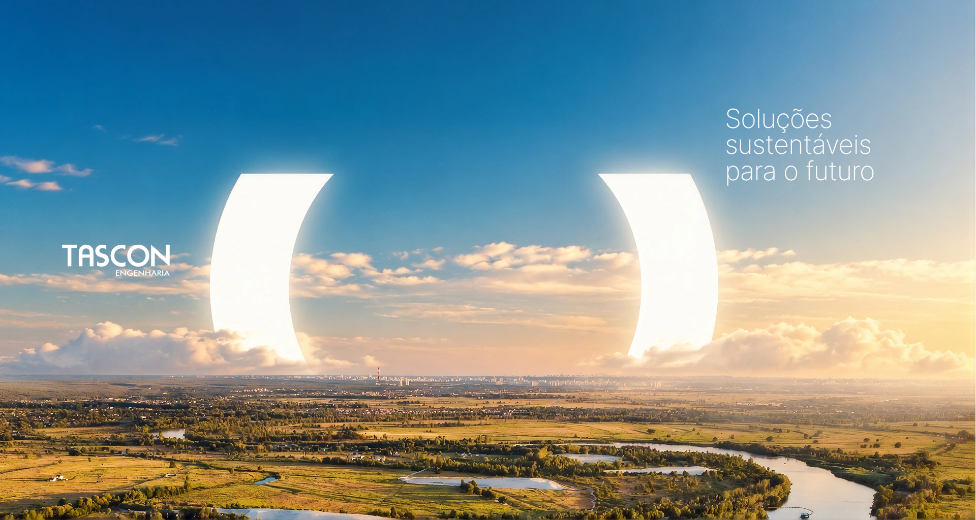 Tascon Engenharia identity over a landscape with the message Sustainable solutions for the future.