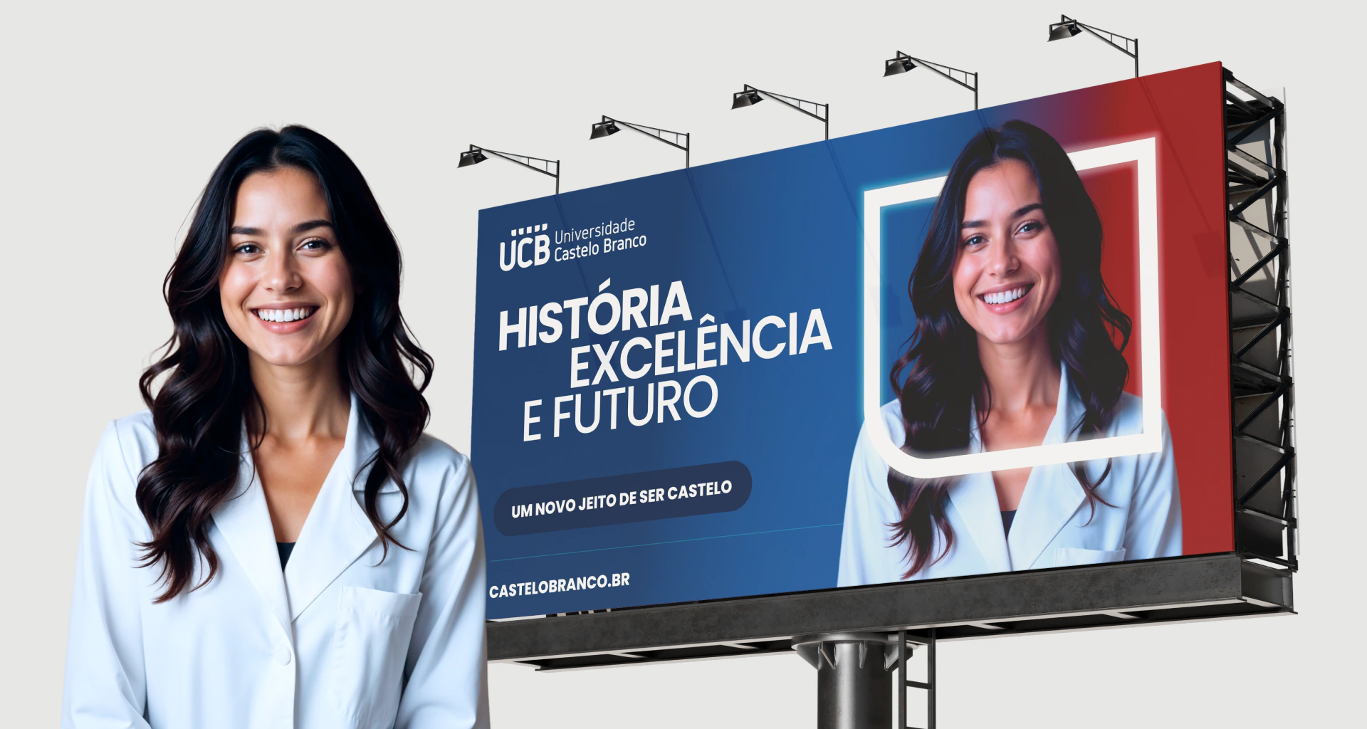 Universidade Castelo Branco enrollment campaign displayed on outdoor media.