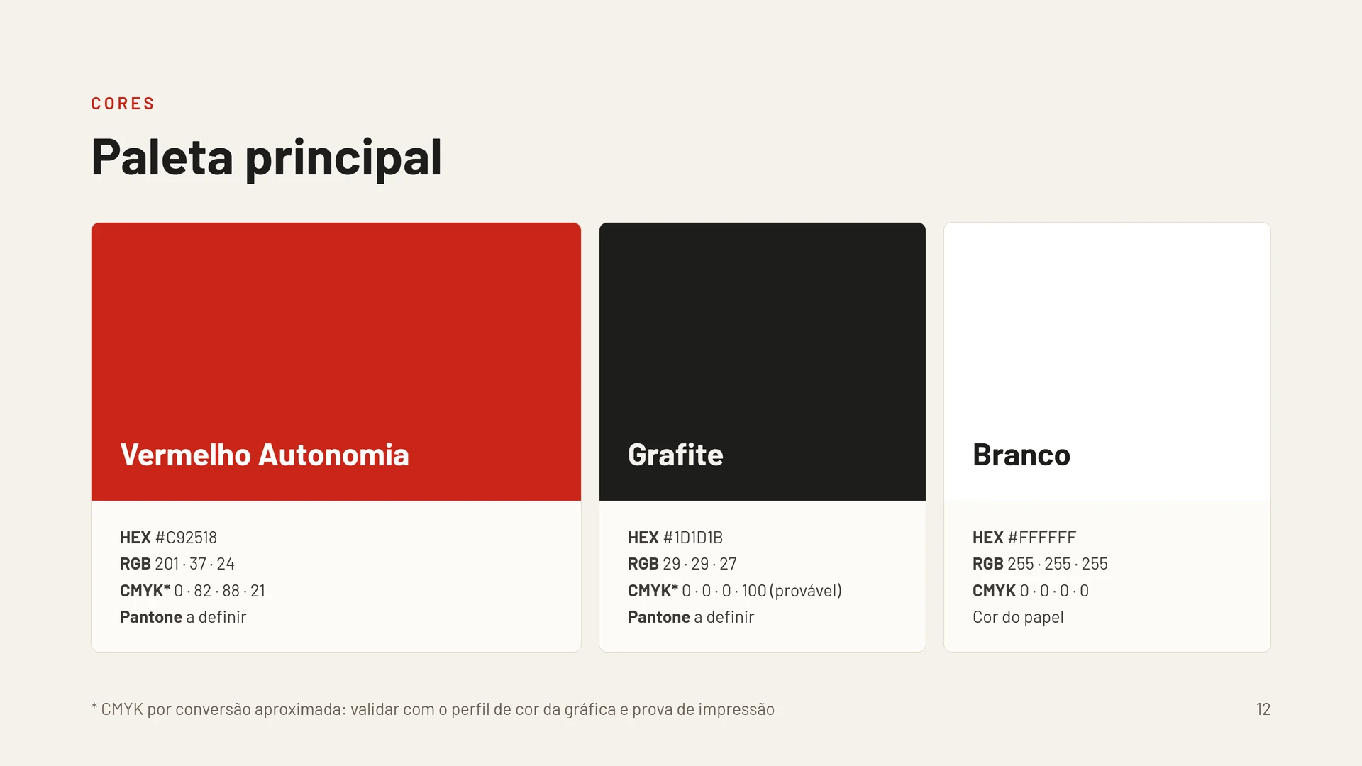 Paleta principal: Vermelho Autonomia, grafite e branco apresentados no manual.