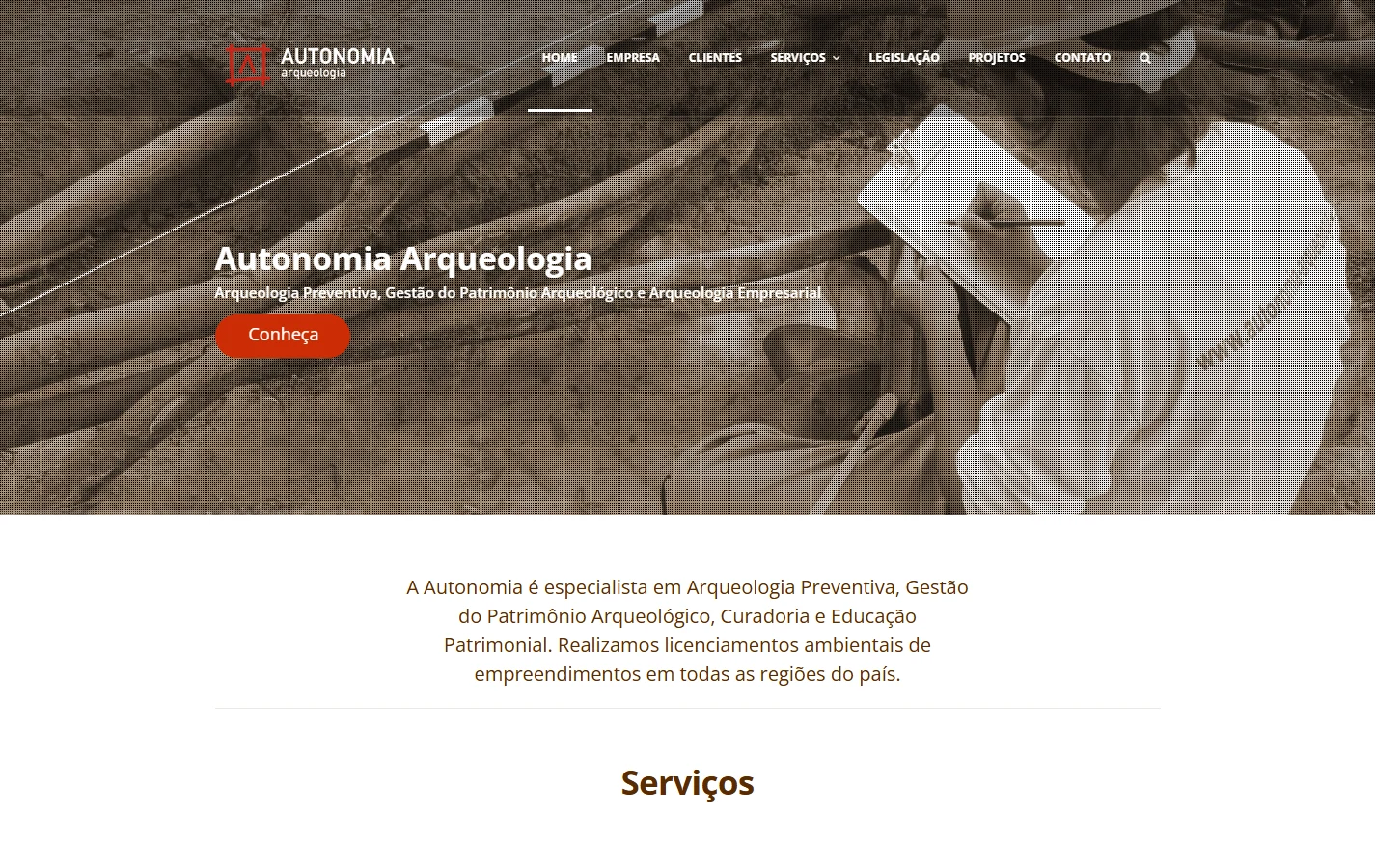 Autonomia Arqueologia: identidade visual aplicada à apresentação do site Página inicial do site da Autonomia Arqueologia, com identidade visual e apresentação institucional.