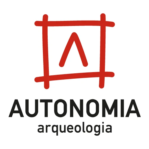 Autonomia Arqueologia: assinatura vertical Versão vertical da marca Autonomia em vermelho e preto sobre branco.