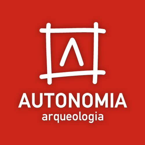 Autonomia Arqueologia: marca sobre fundo vermelho Assinatura vertical branca da Autonomia sobre fundo vermelho.