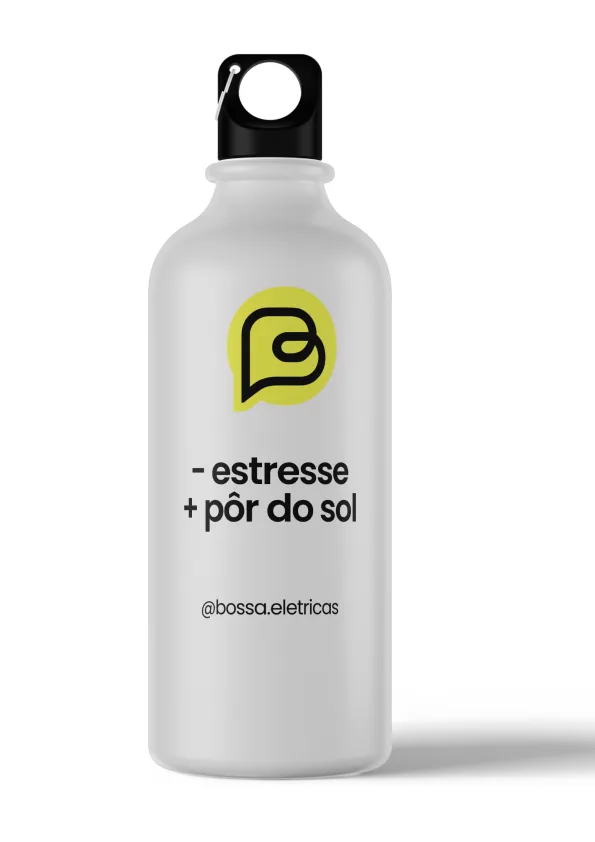 Squeeze branco da Bossa Elétrica com o símbolo e a frase da marca.