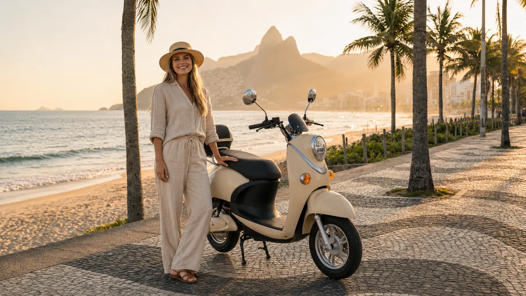 Woman with a Bossa electric scooter on the Ipanema beachfront at sunset.