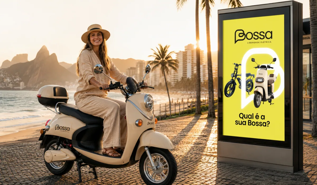 Scooter elétrica Bossa na orla de Ipanema ao pôr do sol, ao lado de um painel de rua com a marca e a pergunta Qual é a sua Bossa.