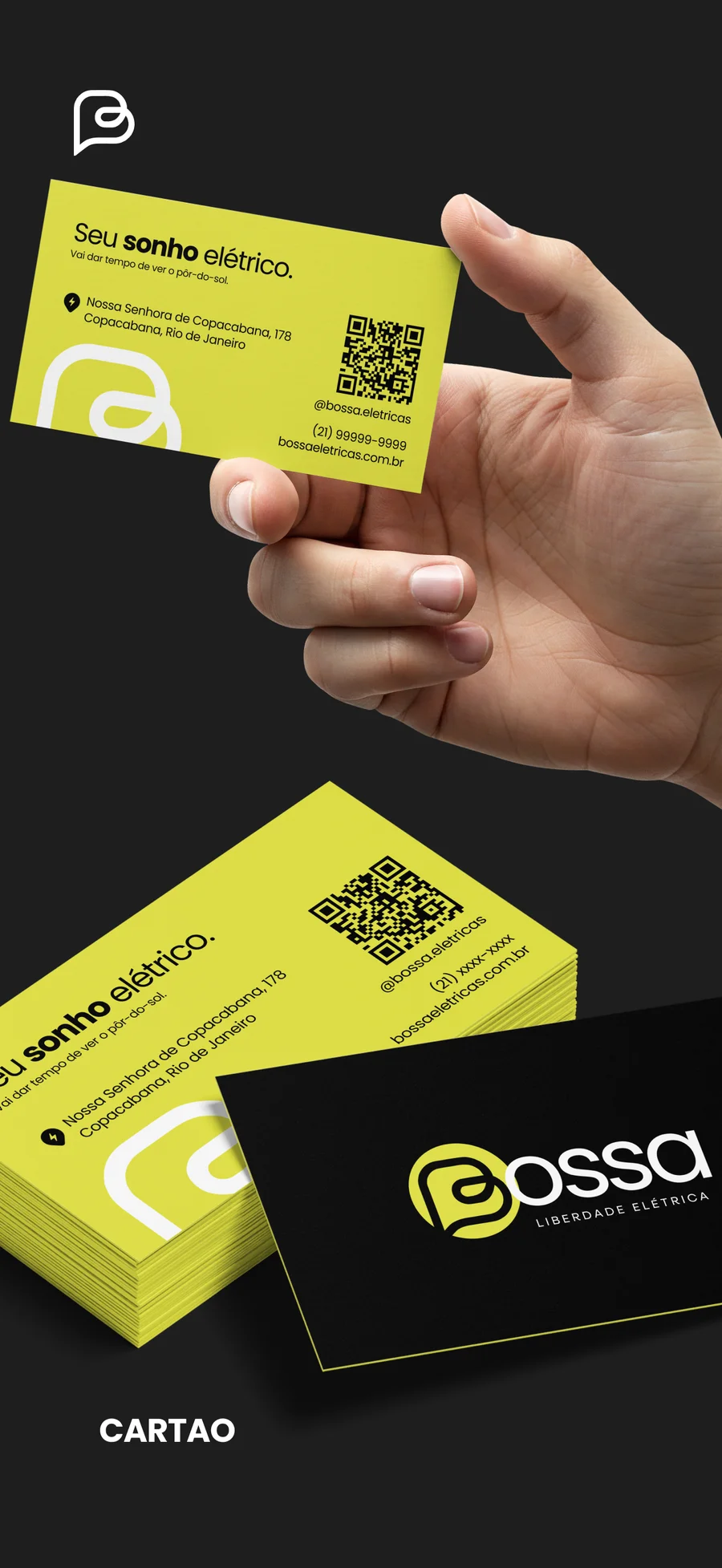 Cartões de visita da Bossa Elétrica: face amarela com endereço e QR code, face preta com a assinatura.