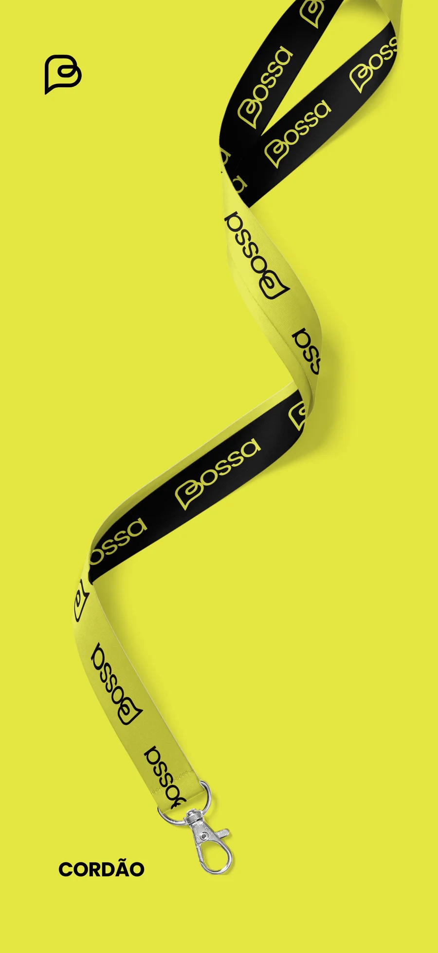 Cordão da Bossa Elétrica em preto e amarelo, com a assinatura repetida ao longo da fita.