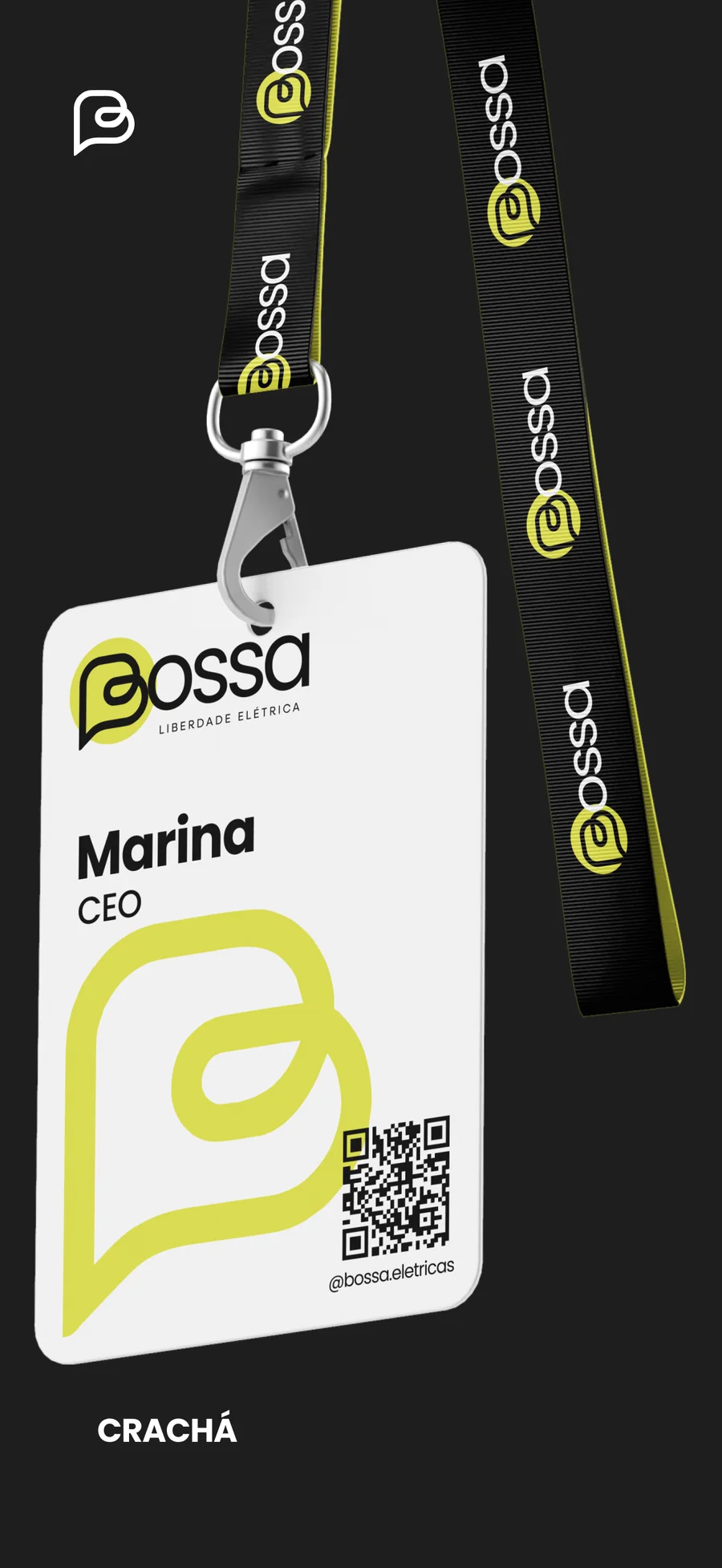 Crachá da Bossa Elétrica com o monograma em amarelo, QR code e cordão da marca.