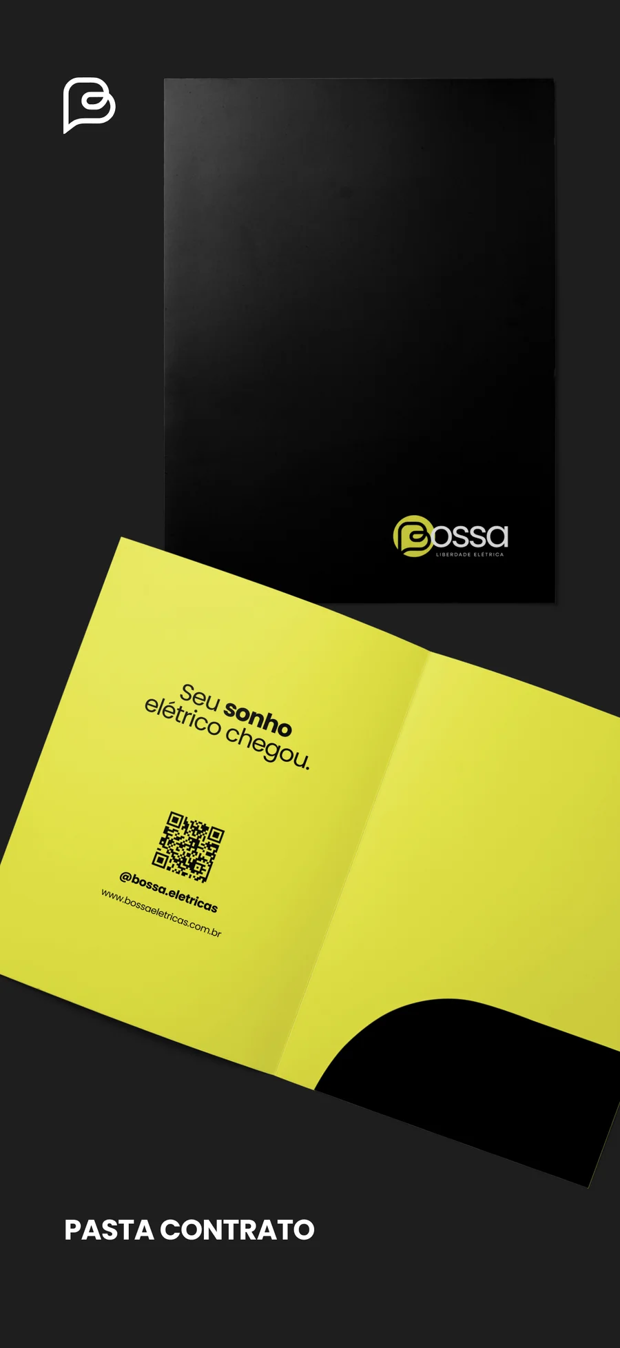 Pasta de contrato da Bossa Elétrica, capa preta com a assinatura e miolo amarelo.