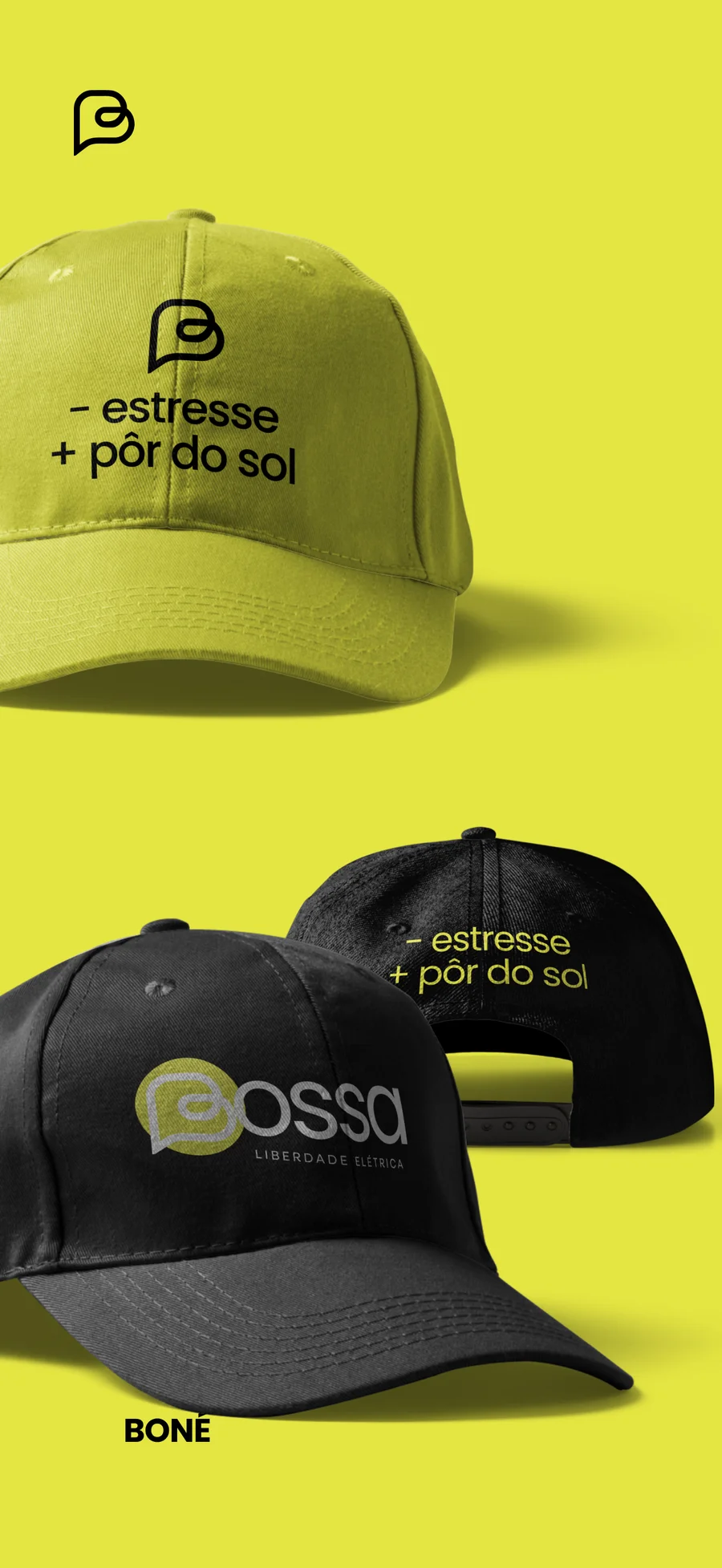 Bonés da Bossa Elétrica nas versões amarela e preta, com a frase menos estresse mais pôr do sol.
