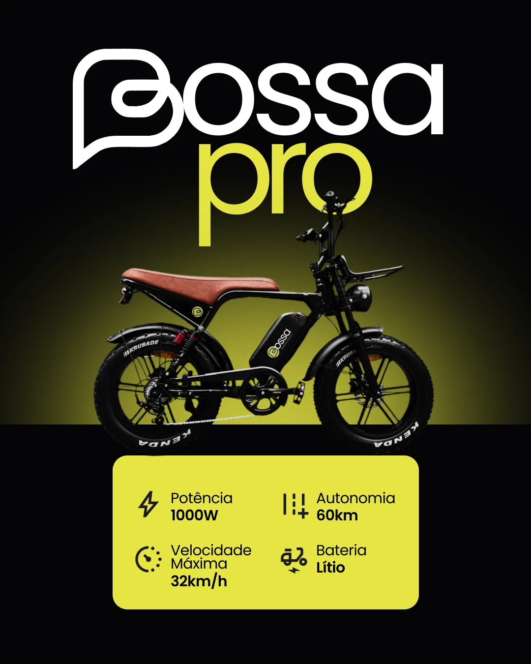 E-bike Bossa Pro de pneu largo, 1000W de potência, 60km de autonomia e 32km/h de velocidade máxima.
