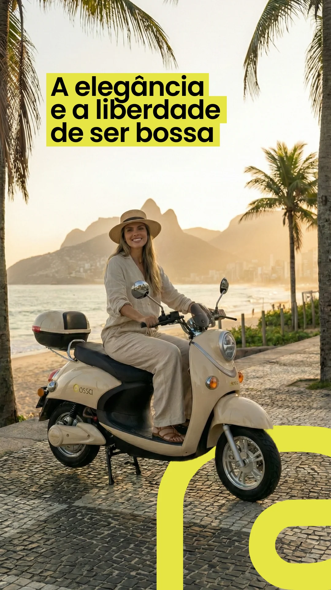 Story promocional da Bossa Elétrica com a scooter retrô e a assinatura da marca ao pôr do sol.