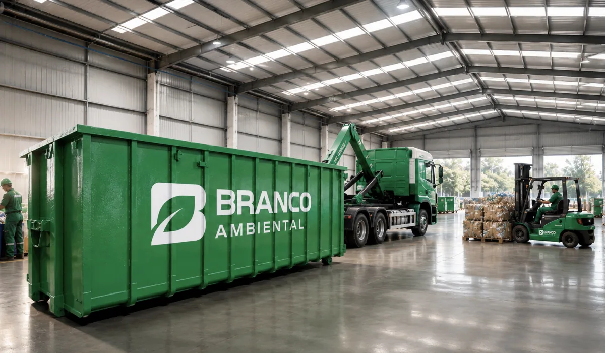 Identidade Branco Ambiental aplicada a container e operação industrial.