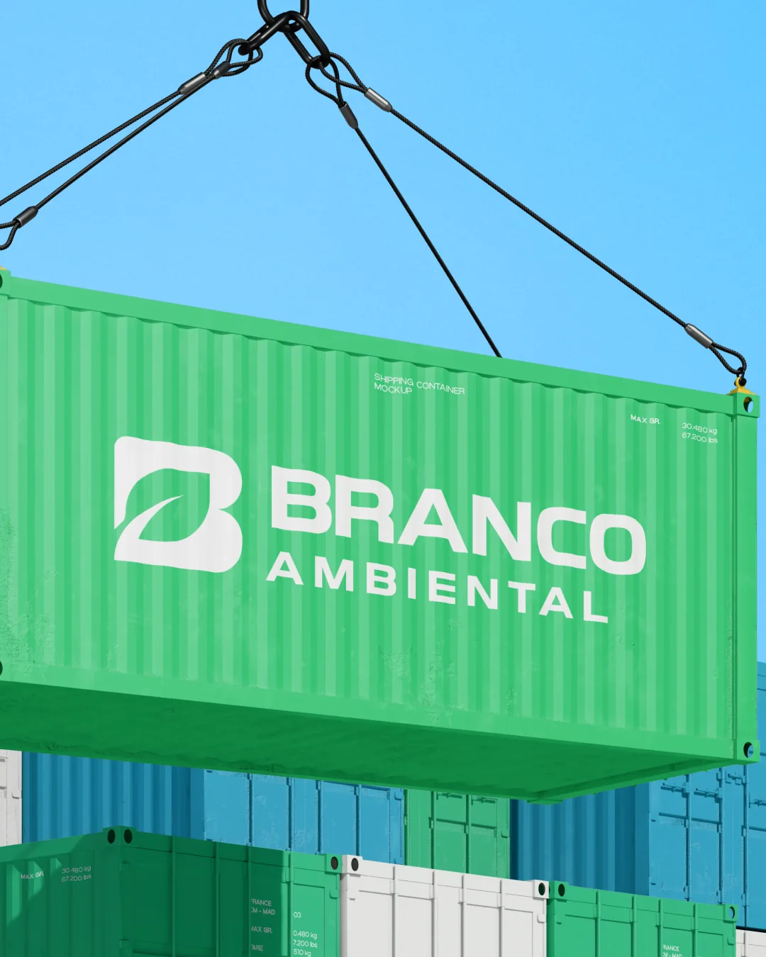 Marca Branco Ambiental aplicada a um container de operação logística.