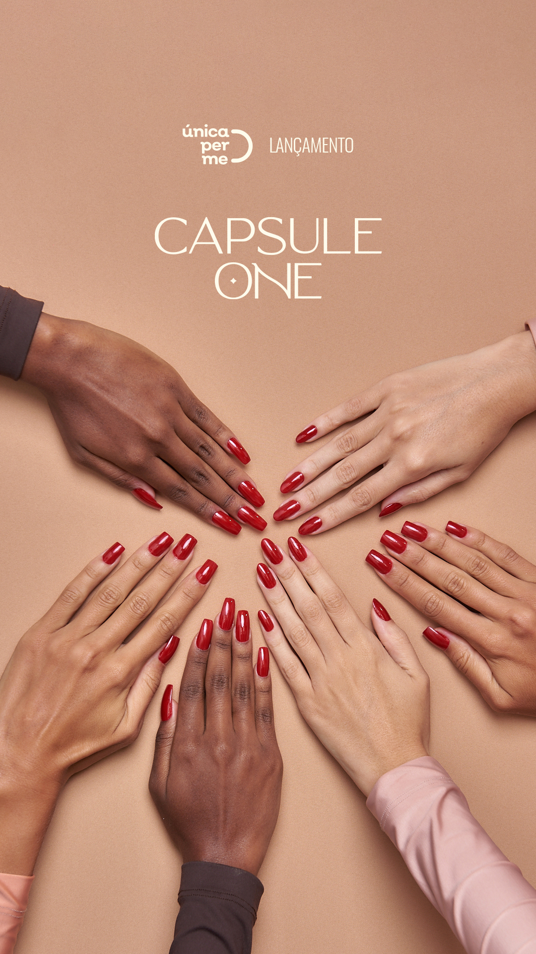 Story de lançamento Capsule One com mãos de unhas vermelhas e assinatura do produto.