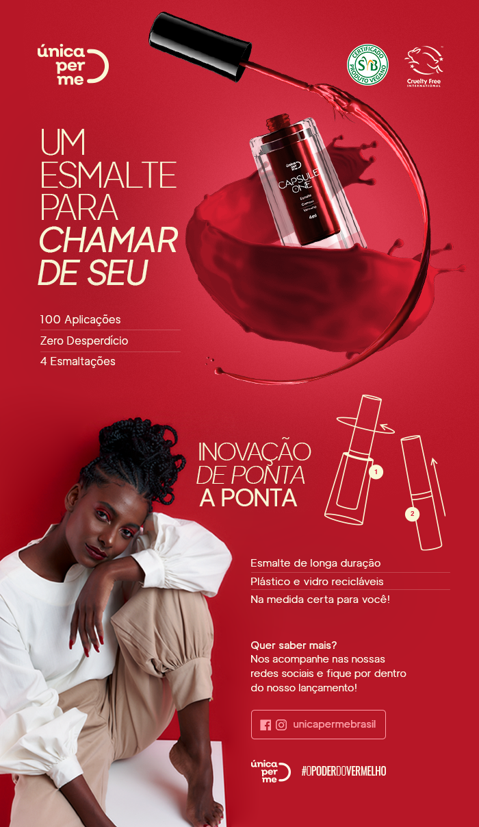 Capsule One: Peça vertical Capsule One com apresentação do esmalte, frasco, modelo e informações do produto Peça vertical Capsule One com apresentação do esmalte, frasco, modelo e informações do produto.