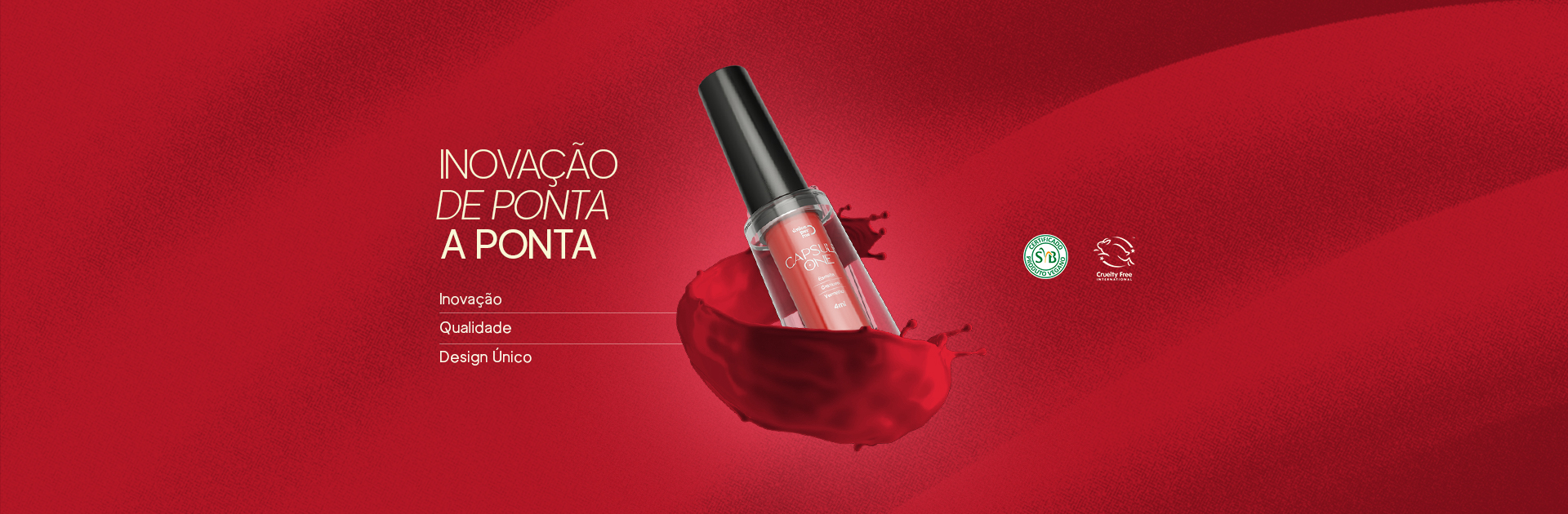 Capsule One: Banner vermelho Capsule One com frasco e a mensagem Inovação de ponta a ponta Banner vermelho Capsule One com frasco e a mensagem Inovação de ponta a ponta.