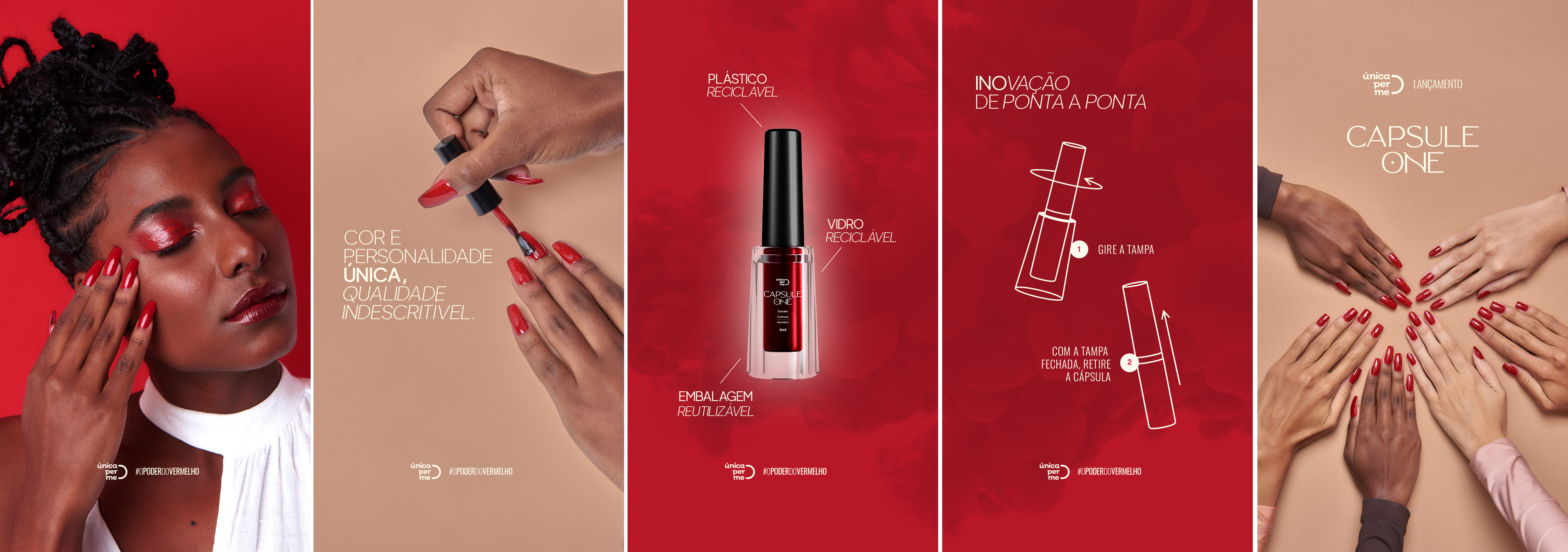 Capsule One: Sequência horizontal de peças Capsule One com modelos, detalhes do produto e mensagens da campanha Sequência horizontal de peças Capsule One com modelos, detalhes do produto e mensagens da campanha.