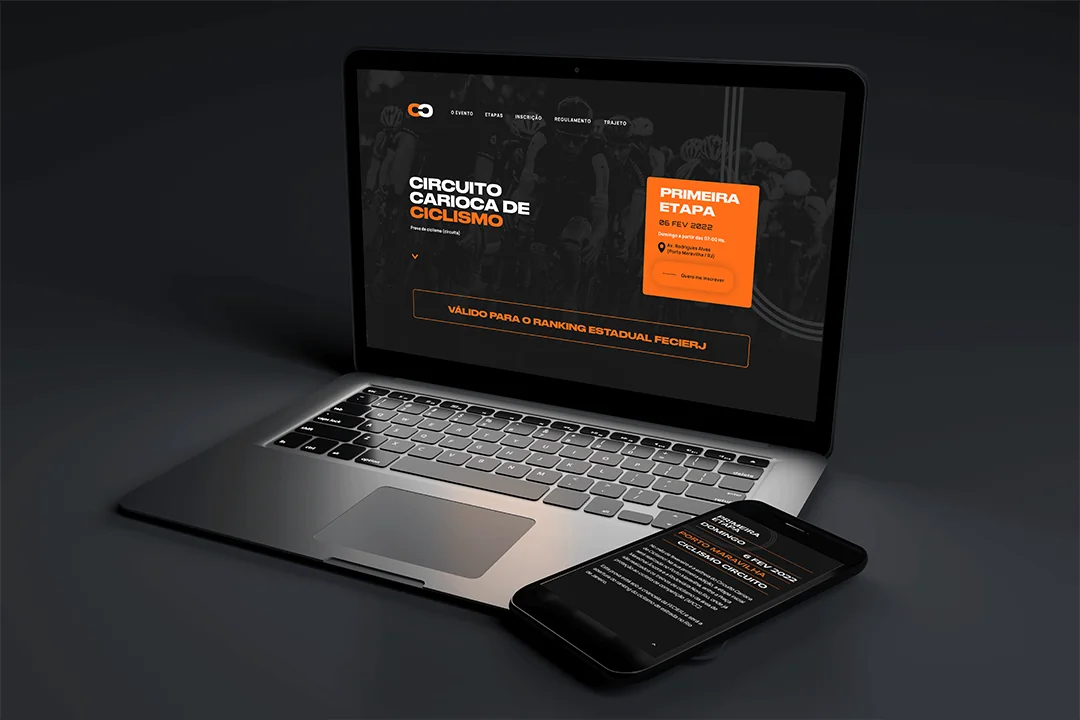 Website do Circuito Carioca de Ciclismo apresentado em notebook e smartphone.