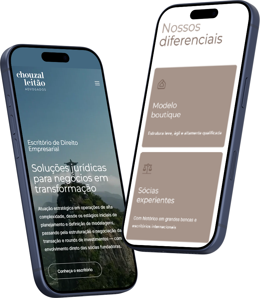 Composição com dois celulares mostrando a abertura e os diferenciais do site Chouzal Leitão.