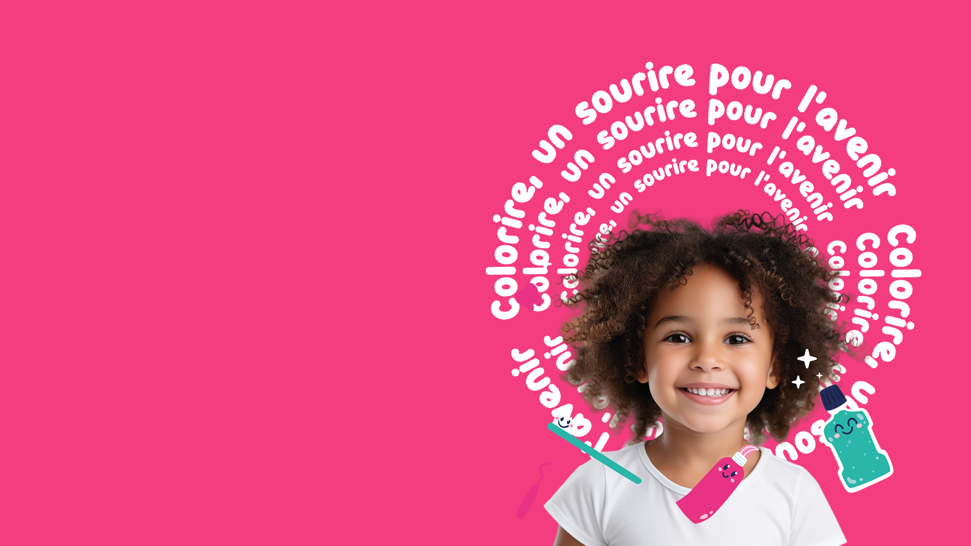 Criança sorrindo diante de um fundo rosa com a linguagem visual COLORIRE.