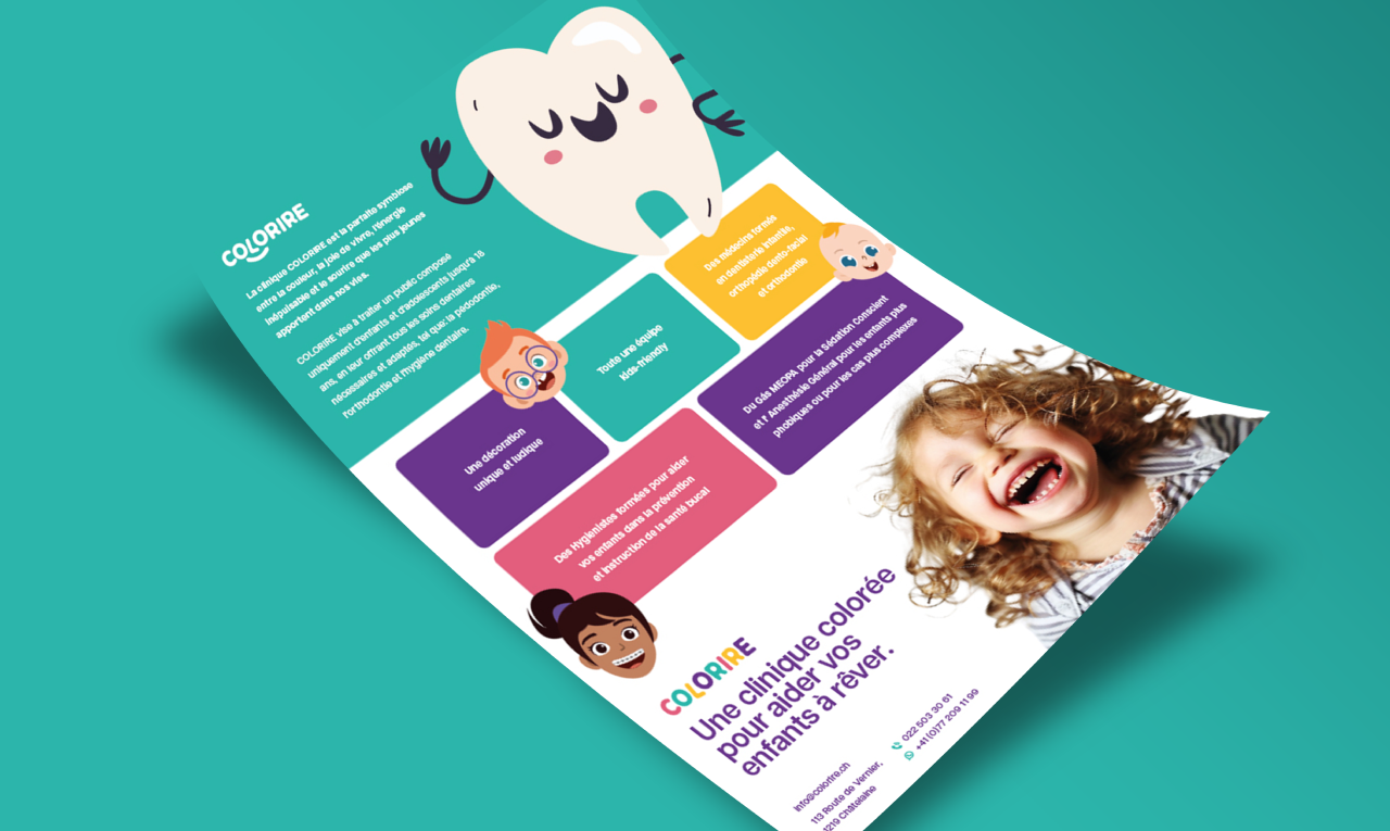 Flyer COLORIRE com personagens e informações da clínica.