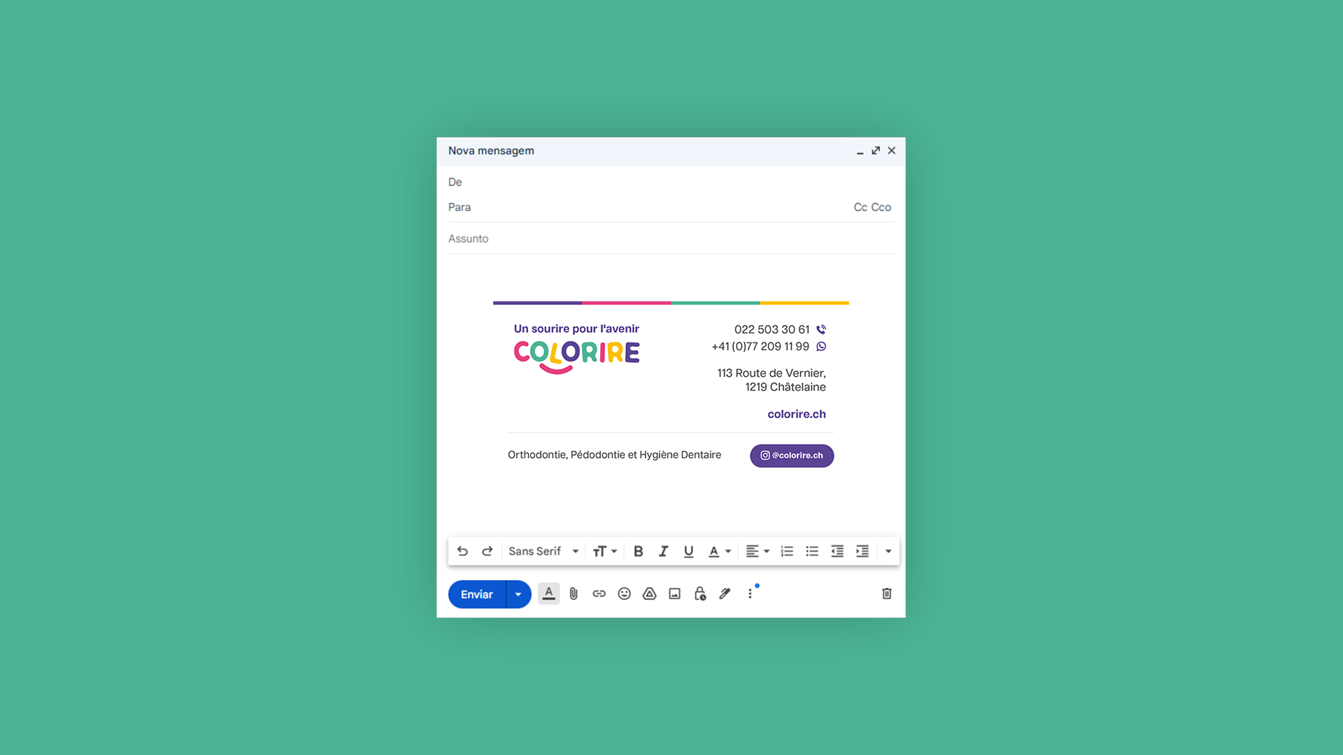Assinatura de e-mail COLORIRE aplicada em uma mensagem.