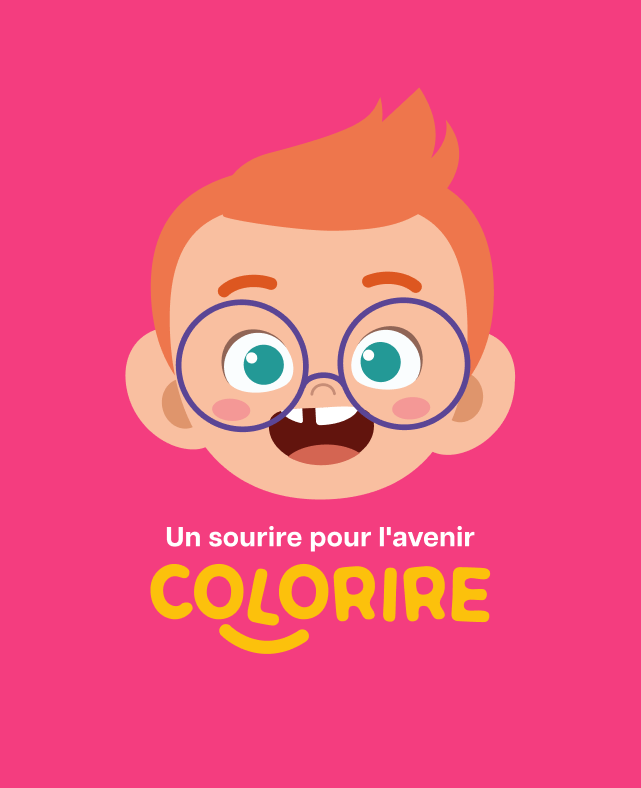 Personagem infantil de óculos da COLORIRE sobre fundo rosa.