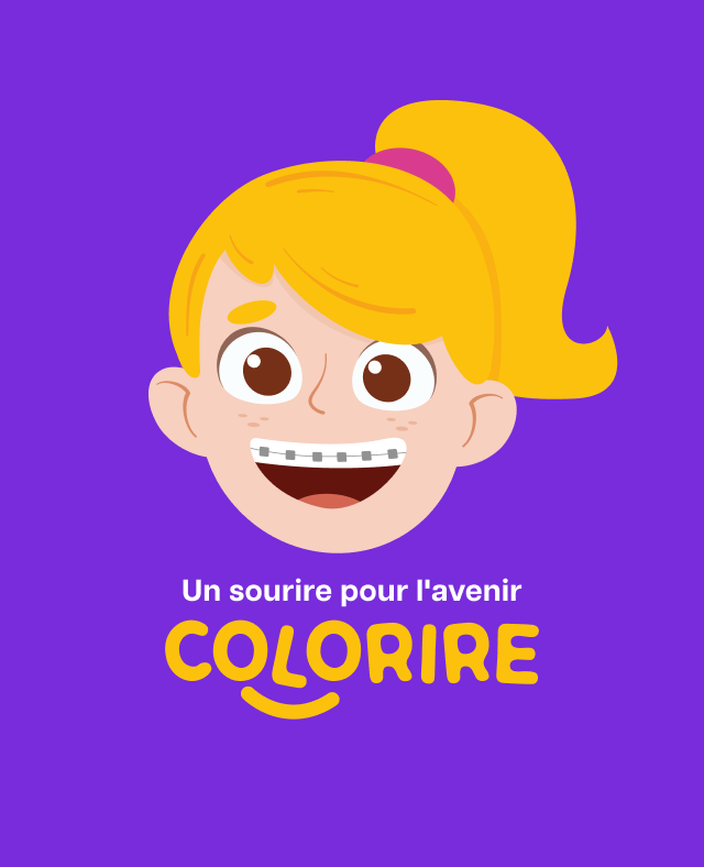 Personagem infantil da COLORIRE sobre fundo roxo.