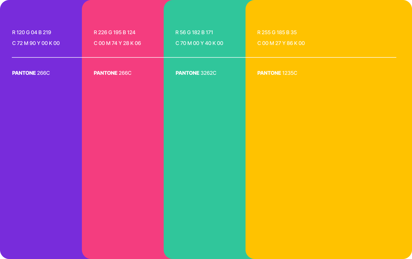 Paleta da COLORIRE em roxo, rosa, teal e amarelo.