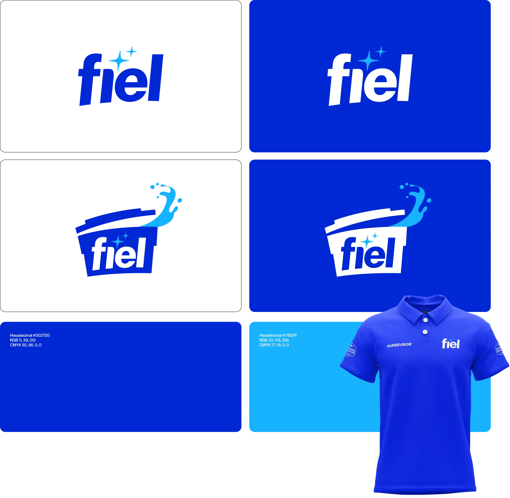 Sistema de identidade visual da Fiel: logotipo, marca com o reservatório e paleta de azuis.