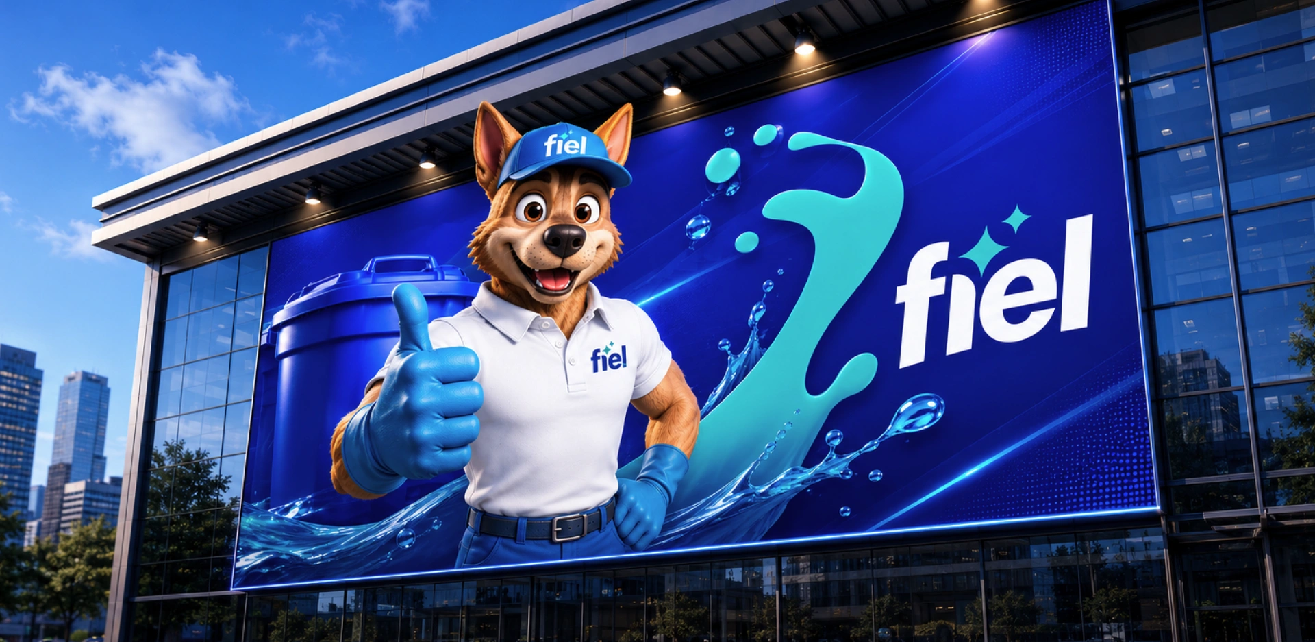 Fiel's new identity applied to communication, featuring the brand mascot.