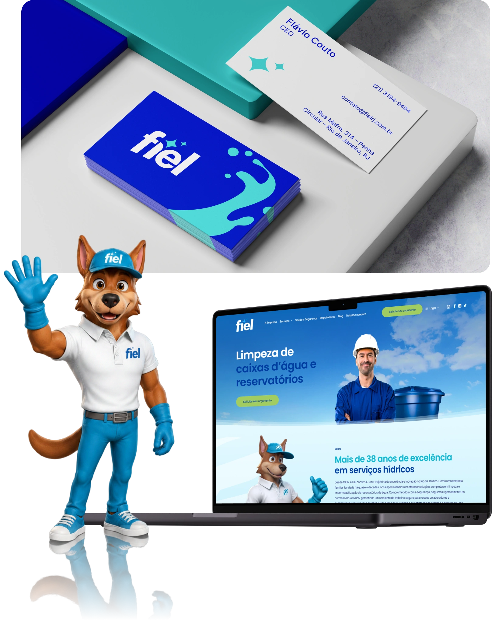 Nova identidade da Fiel aplicada ao site e à papelaria, com o mascote da marca.
