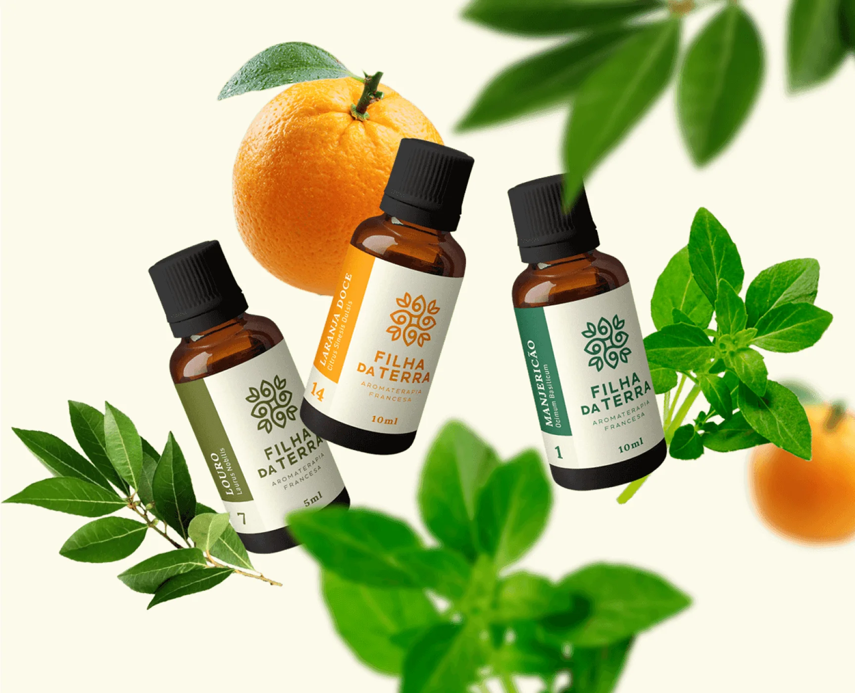 Filha da Terra essential oils with fresh orange and basil.