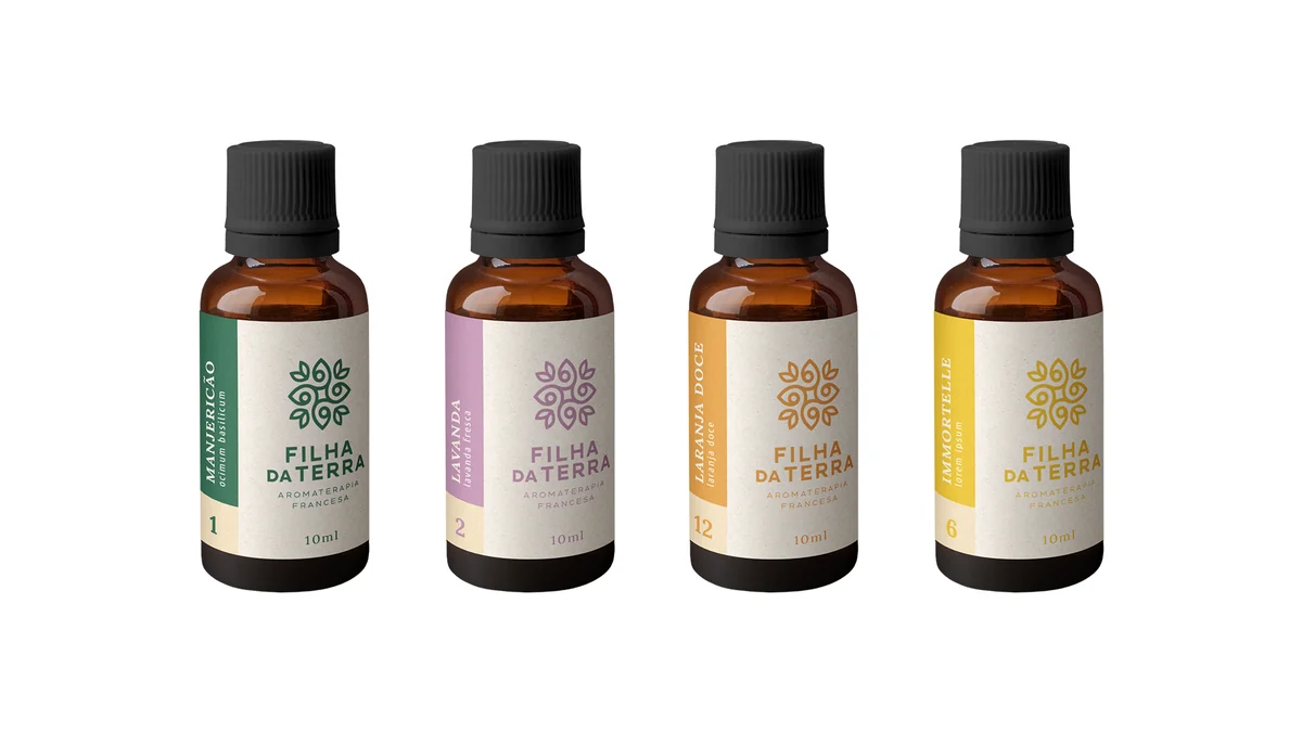 Linha de óleos essenciais Filha da Terra: manjericão, lavanda, laranja doce e immortelle.