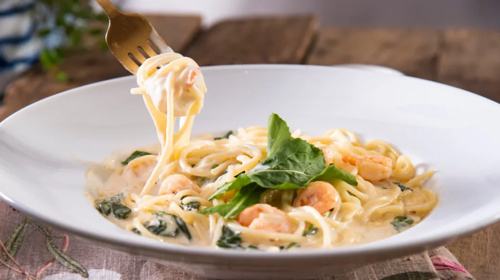 A Gula Gula pasta dish presented on a blue table.