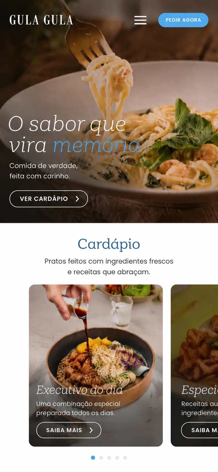 Layout mobile da abertura e do cardápio do website Gula Gula.