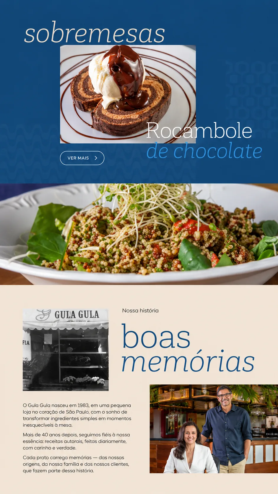 Layout mobile das áreas de sobremesas e história do Gula Gula.
