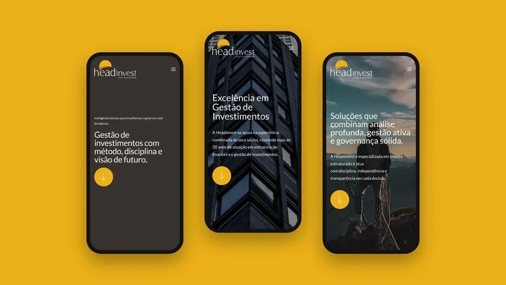 Site HeadInvest em três telas de celular