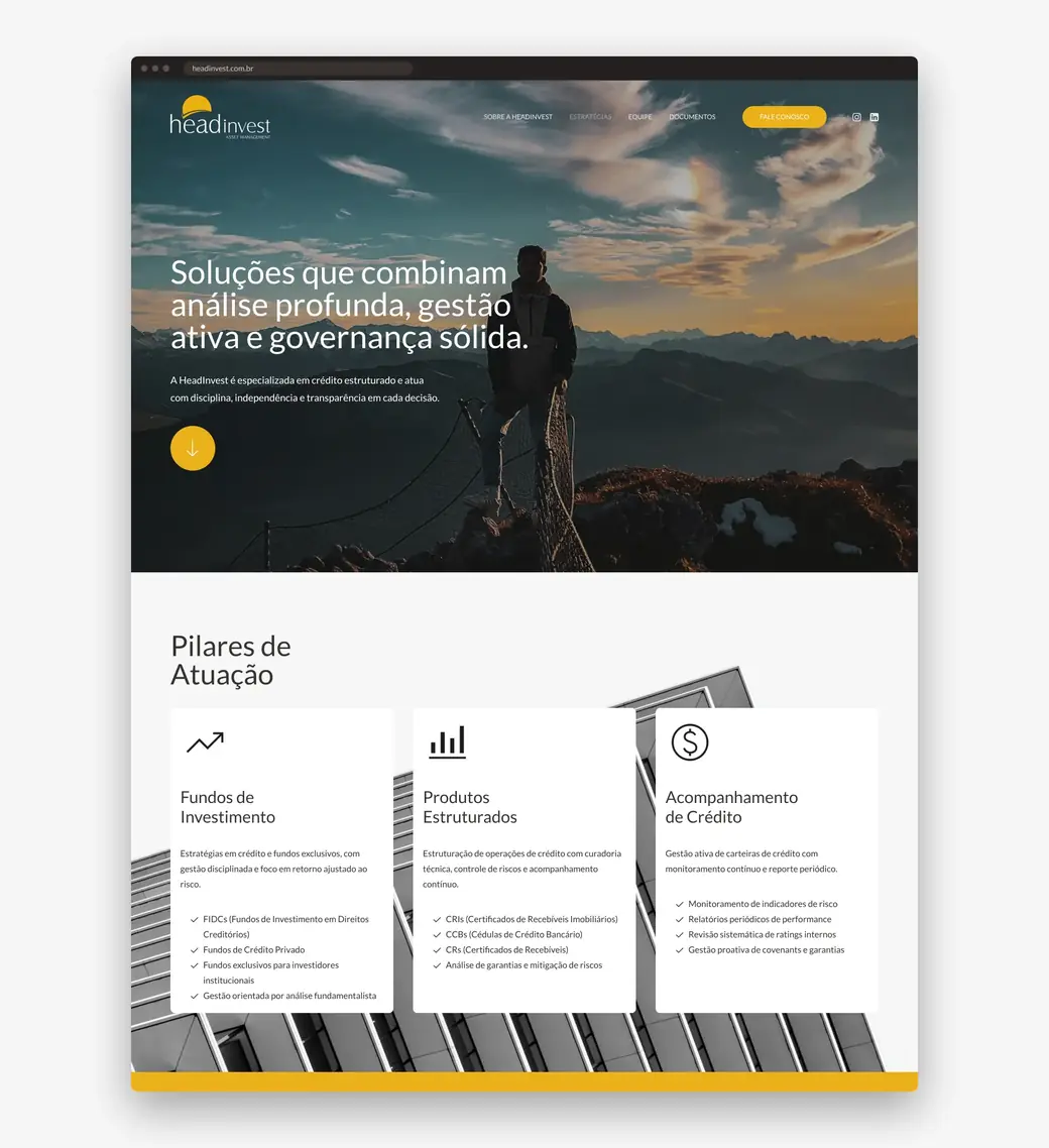 Página Estratégias do site HeadInvest com os pilares de atuação