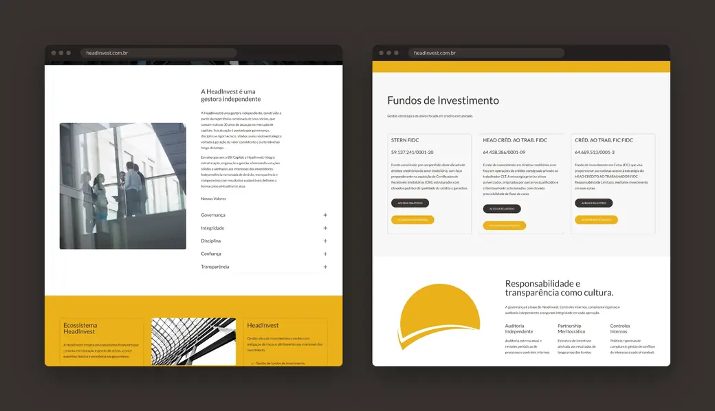 Valores da gestora e cards dos fundos de investimento no site HeadInvest