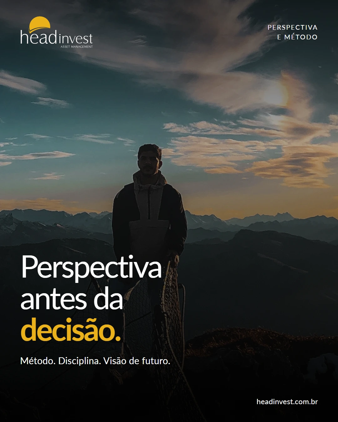 Head Invest: 04 · Perspectiva Post Head Invest com fotografia de montanhismo e a chamada Perspectiva antes da decisão.